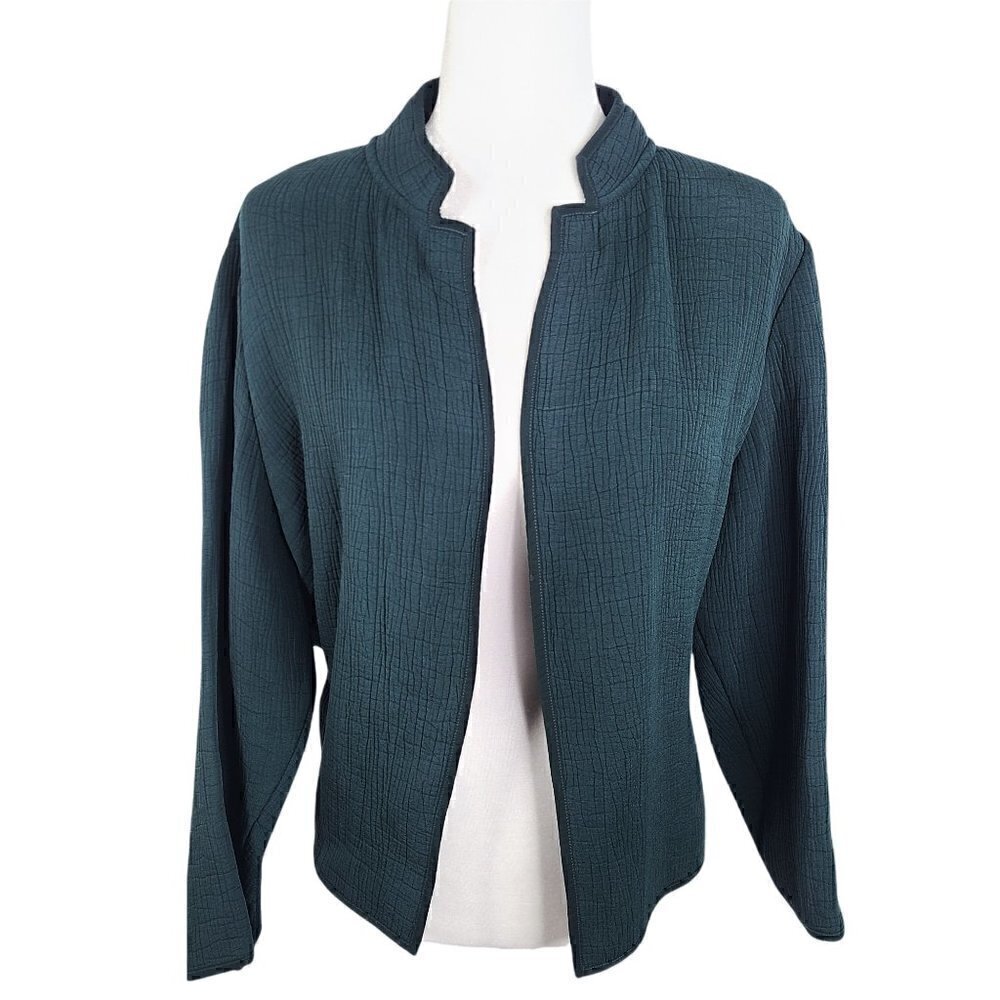 Eileen Fisher Textured Silk Rayon Forest Green Open Front Cardigan